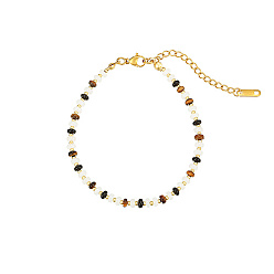 Real 18K Gold Plated Natural Tiger Eye Beaded Bracelets, with Stainless Steel Clasps, Real 18K Gold Plated, 6-3/4 inch(17cm)