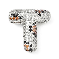 Letter T Латунные микро проложить кубического циркония подвески, долговечный, стойки покрытие, письмо амулеты, платина, Письмо T, 22.5x21.5x7.5 мм, отверстие : 5.2x3 мм