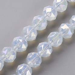 Creamy White Electroplate Glass Beads Strands, AB Color Plated, Imitation Jade Glass, Faceted, Round, Creamy White, 10x9.5mm, Hole: 1.2mm, about 60pcs/strand, 21.65 inch~22.05 inch(55cm~56cm)