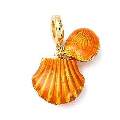 Оранжевый Латунные эмалированные европейские подвески с подвесками, подвески с большими отверстиями в форме двойной ракушки, долговечный, стойки покрытие, без кадмия и без свинца, реальный 18 k позолоченный, оранжевые, 30 мм, отверстие : 5.5 мм
