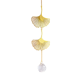 Leaf Iron Big Pendant Decorations, K9 Crystal Glass Hanging Sun Catchers, with Brass Findings, for Garden, Wedding, Lighting Ornament, Ginkgo, Leaf, 480mm