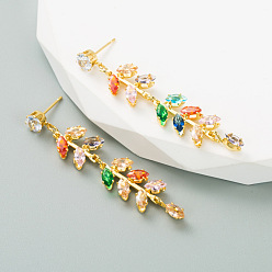 Rainbow zirconia Fashionable Long Leaf-shaped Earrings with Colorful Zirconia and Gold Plating