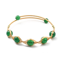 Natural Agate Natural Green Agate Wrapped Cuff Bangle, Golden Brass Torque Bangle for Women, Lead Free & Cadmium Free, Inner Diameter: 2-1/8 inch(5.5cm)