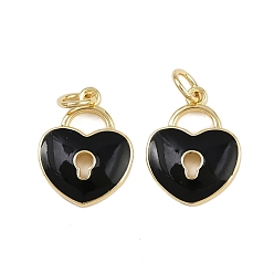 Черный Латунь эмаль подвески, замок в форме сердца, реальный 18 k позолоченный, стойки покрытие, долговечный, без кадмия и без свинца, с целью перехода в кольце, чёрные, 15.5x12x2.5 мм, отверстие : 3 мм