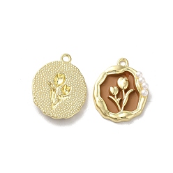 Brown Alloy Enamel Pandants, with ABS Plastic Imitation Pearl, Lead Free & Cadmium Free, Light Gold, Oval with Flower, Brown, 23.5x19x4.5mm, Hole: 1.8mm