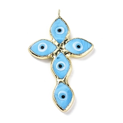Light Sky Blue Handmade Lampwork Big Pendants, with Eco-friendly Ligh Gold Brass Findings, Long-Lasting Plated, Cadmium Free & Lead Free, Religion Cross with Evil Eye Charm, Light Sky Blue, 73.5x47x4mm, Hole: 4.2mm