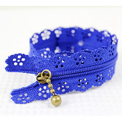 Bleu Fermeture à glissière en nylon, avec les accessoires en fer de bronze antique, motif de fleurs creuses, accessoires du vêtement, bleu, 20 cm