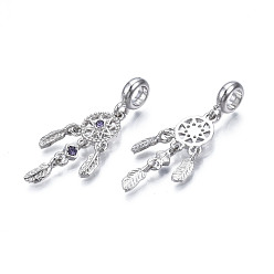 Platinum Rack Plating Alloy European Dangle Charms, with Tanzanite Rhinestone, Large Hole Beads, Cadmium Free & Lead Free, Woven Net/Web with Feather, Platinum, 43mm, Hole: 4.5mm, Feather: 11x3.5x1.5mm