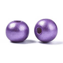 Medium Purple Painted Natural Wood Beads, Pearlized, Round, Medium Purple, 10x8.5mm, Hole: 3mm