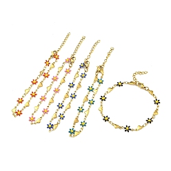 Mixed Color Enamel Flower & Heart Link Chain Bracelet, Vacuum Plating Golden 201 Stainless Steel Bracelet, Mixed Color, 7-3/8 inch(18.8cm)