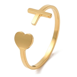 Golden 304 Stainless Steel Open Cuff Ring, Heart & Cross, Golden, US Size 8 1/2(18.5mm)