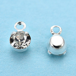 Silver Brass Crystal Rhinestone Charms, Flat Round, Silver, 5.5x3.5x2.5mm, Hole: 1mm