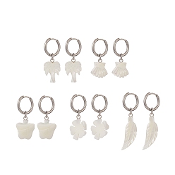 Stainless Steel Color Natural Shell Dangle Hoop Earrings, 316 Surgical Stainless Steel Jewlery for Women, Mixed Shapes, Stainless Steel Color, 34~49mm, Pin: 1mm