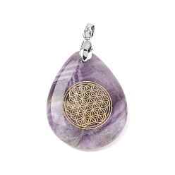 Аметист Подвески из натурального аметиста , с реечной обшивкой латунными выводами, без кадмия и без свинца, очарование слезы, 31x25x5~7 мм, отверстие : 4.5x4 мм