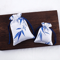 White Silk Embroidery Leaf Storage Bags, Drawstring Pouches Packaging Bag, Rectangle, White, 14x10cm