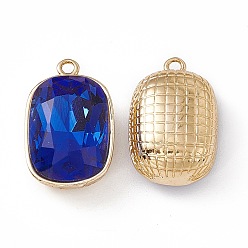 Sapphire K9 Glass Pendants, Oval Rectangle Charms, Faceted, with Light Gold Tone Brass Findings, Sapphire, 22.5x14.5x10mm, Hole: 1.8mm