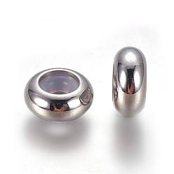 Stainless Steel Color 304 Stainless Steel Beads, with Rubber Inside, Slider Beads, Stopper Beads, Rondelle, Stainless Steel Color, 10x4~5mm, Hole: 5mm, Rubber Hole: 3.5mm