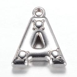 Letter A 201 Stainless Steel Charms, Letter A, Letter.A, 15.2x13x3mm, Hole: 1.2mm