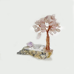 Rose Quartz Natural Rose Quartz Chips and Natural Quartz Crystal with Amethyst Pedestal Display Decorations, Healing Stone Tree, for Reiki Healing Crystals Chakra Balancing, with Rose Gold Plated Brass Wires, Lucky Tree, 57~86x59~69x95~110mm