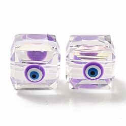 Сине-фиолетовый Прозрачные стеклянные бусины, с эмалью, граненые, куб с рисунком от сглаза, синий фиолетовый, 10~11x9x10 мм, отверстие : 1.6 мм