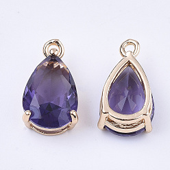 Medium Purple Transparent Glass Charms, with Brass Findings, Faceted, Teardrop, Light Gold, Medium Purple, 15x8x6mm, Hole: 1.2mm