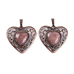 Strawberry Quartz Natural Strawberry Quartz Peach Love Heart Pendants, Rack Plating Brass Hollow Heart Charms, Cadmium Free & Lead Free, Red Copper, 29.5x30.5x7.5mm, Hole: 7.5x5mm