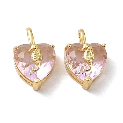 Pink Ocean Theme Brass & Glass Pendants, Faceted Heart with Sea Horse Charm, Real 18K Gold Plated, Pink, 19x12x7.5~8.5mm, Hole: 5.5x2mm