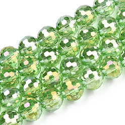 Light Green Transparent Electroplate Glass Bead Strands, AB Color Plated, Faceted(96 Facets), Round, Light Green, 8mm, Hole: 1.4mm, about 70pcs/strand, 19.88 inch~20.67 inch(50.5~52.5cm)