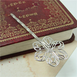 Platinum Zinc Alloy Hair Bobby Pin Findings, with Filigree Flower Cabochon Bezel Settings, Platinum, 61mm, Tray: 20mm