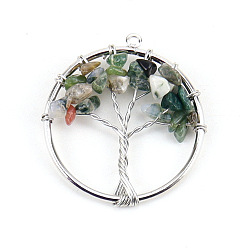 Moss Agate Natural Moss Agate Tree fo Life Pendants, Iron Ring Chip Gems Tree Charms, Platinum, 30mm
