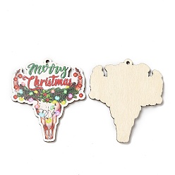 Colorful Single Face Christmas Printed Wood Big Pendants, Cattle Head Charms with Merry Christmas, Colorful, 55x47.5x2.5mm, Hole: 2mm