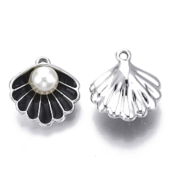 Black Alloy Pendants, with ABS Plastic Imitation Pearl & Enamel, Shell with Pearl, Platinum, Black, 16x15x7mm, Hole: 1.5mm