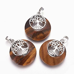 Tiger Eye Natural Tiger Eye Pendants, with Platinum Tone Brass Findings, Flat Round with Tree of Life, 32.5~33x27.5~28x5~6mm, Hole: 5x7mm