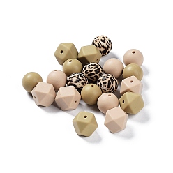 Dark Goldenrod Round/Polygon Food Grade Silicone Focal Beads, Chewing Beads For Teethers, DIY Nursing Necklaces Making, Leopard Print Pattern, Dark Goldenrod, 14~15x15~18x14~15mm, Hole: 2.3~2.5mm, 20pcs/bag
