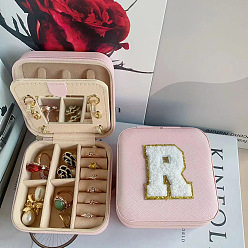 Letter R Letter Imitation Leather Jewelry Organizer Case with Mirror Inside, for Necklaces, Rings, Earrings and Pendants, Square, Pink, Letter R, 10x10x5.5cm