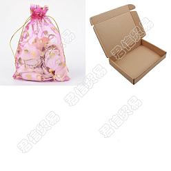 Orchid Organza Jewellery Storage Pouches, Wedding Favour Party Mesh Drawstring Gift Bags, Rectangle with Gold Stamping Heart Pattern, Orchid, 18x13cm, 100pcs/box