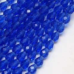 Blue Glass Beads Strands, Faceted, Drop, Blue, 12x8mm, Hole: 1mm, about 56~58pcs/strand, 25~27 inch