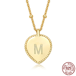 Letter M 925 Sterling Silver Satellite Chains Pendant Necklaces, Heart, Golden, Letter M, 15.75 inch(40cm)