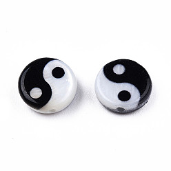 White Natural Freshwater Shell Printed Beads, Yin Yang Pattern, Black, White, 8x2.5mm, Hole: 0.9mm