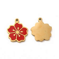 Red Ion Plating(IP) 304 Stainless Steel Enamel Charms, Sakura, Red, 14x12x1mm, Hole: 1.2mm