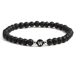 Dumb black stone W 6mm Matte Agate Stone Beaded Letter Bracelet for Men and Couples Jewelry