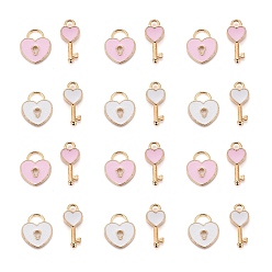 Light Gold 80Pcs 4 Style Alloy Enamel Charms, Heart Lock & Key, Pink and White, Light Gold, 13~16x7~11x1.5~2.5mm, Hole: 3x4mm & 1.8mm, 20pcs/Style