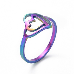 Rainbow Color Ионное покрытие (ip) 201 кольцо из нержавеющей стали с двойным сердечком, полое широкое кольцо для женщин, Радуга цветов, размер США 6 1/2 (16.9 мм)