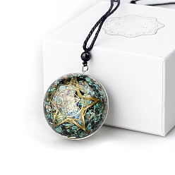 Teal Dyed Natural Pyrite Resin Pendants, Yoga Theme Half Round Charms with Star, Teal, 40mm