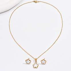 Real 18K Gold Plated Natural Shell Flower Jewelry Set, Stainless Steel Stud Earring & Pendant Necklace, Real 18K Gold Plated, 17.32 inch(44cm), 13x13mm