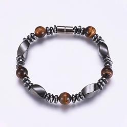 Non-magnetic Hematite Non-Magnetic Synthetic Hematite Beaded Bracelets, with Tiger Eye and Magnetic Clasps, 7-1/2 inch(190mm)