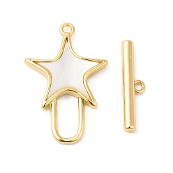 Real 18K Gold Plated Brass Toggle Clasps, with Shell, Star, Real 18K Gold Plated, Star: 22x14.5x2.5mm, Hole: 1.2mm, Bar: 17x4x2mm, Hole: 1.2mm