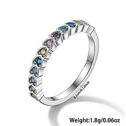 Platinum Heart Rhodium Plated Sterling Silver with Colorful Cubic Zirconia Finger Rings for Women, Platinum, Inner Diameter: 16mm