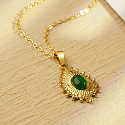 Настоящее золото 18K Стильное 304 ожерелье с подвеской в виде капли из нержавеющей стали и зеленого стекла для ежедневного ношения у женщин, реальный 18 k позолоченный, 17.72 дюйм (45 см)