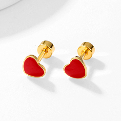 Red Heart Stainless Steel Stud Earring, with Enamel, Real 18K Gold Plated, Red, 6x6mm